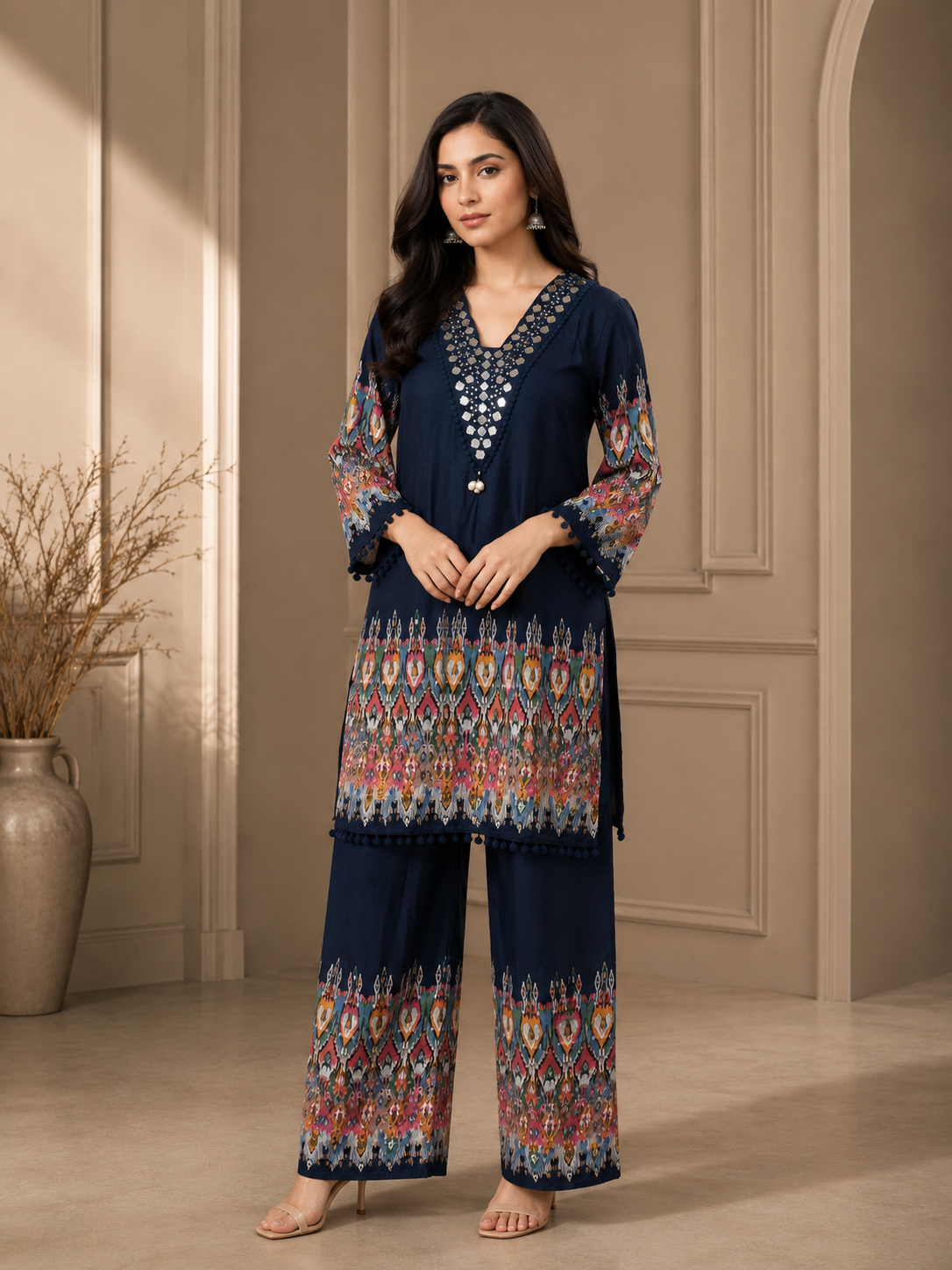 Navy Blue Printed Rayon Kurta Set with Palazzo Pants